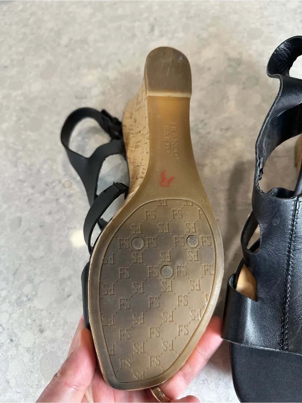 Franco Sarto Black Leather Cutout Wedge Sandals with Slingback